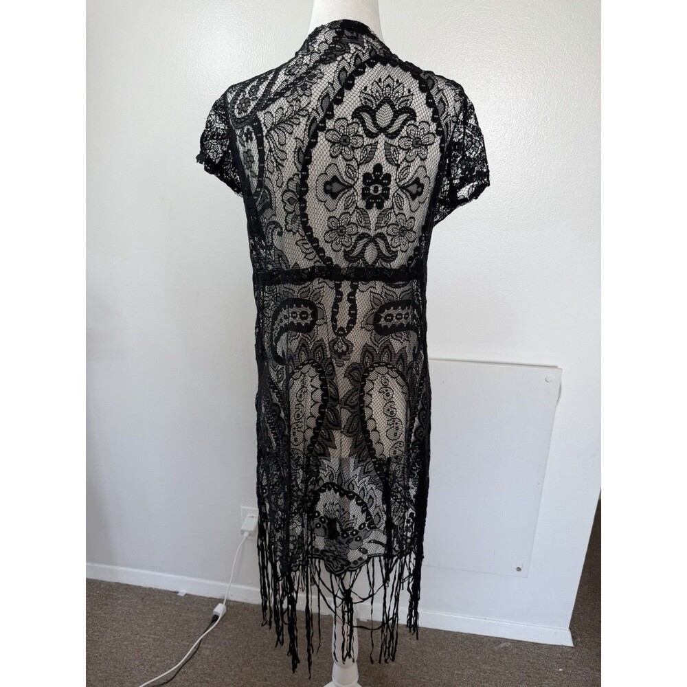 Black Lace Fringe Kimono Cardigan beach Cover Up Boho Festival Gothic Size S - Picture 4 of 5
